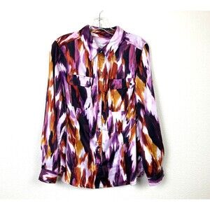 CJ Banks Women's Button Up Blouse Size X Purple Roll Tab Sleeve Satin Sheen